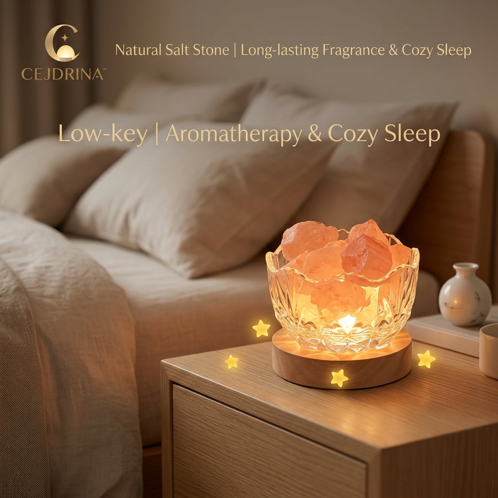 CEJDRINA™ Natural Himalayan Salt Stone Aroma Diffuser – Ambient Crystal Bedside Light with Wood Base & Glass Bowl