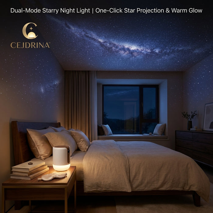 CEJDRINA™ Dual-Mode Starry Sky Projector & Warm LED Night Light – Bedside Sleep Aid Ambient Lamp with Voice Control Option