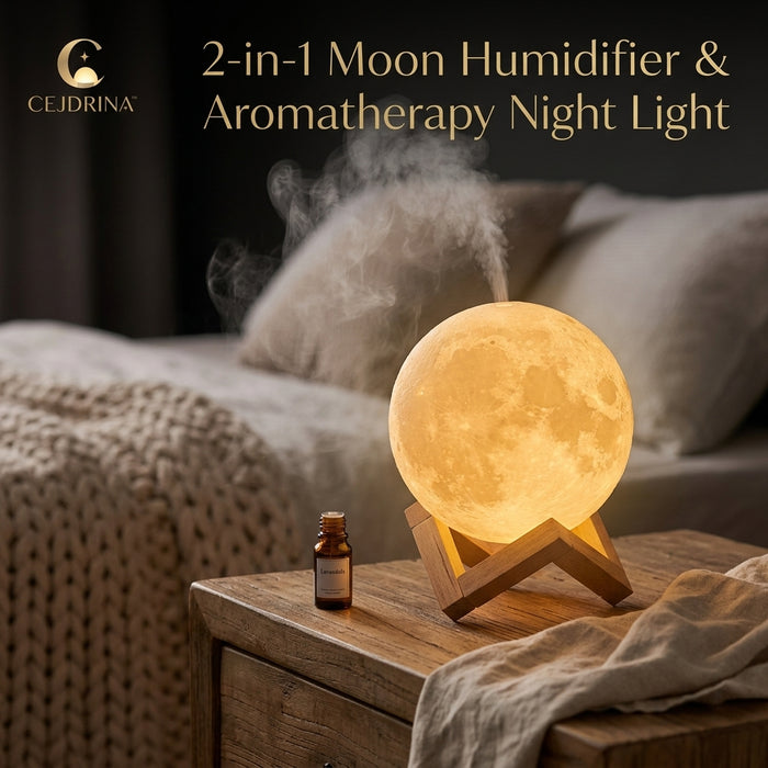 CEJDRINA™ 880ml 3D Moon Lamp Humidifier – Ultrasonic Cool Mist Diffuser & Warm LED Bedside Night Light with Wood Stand