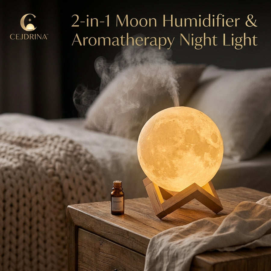 CEJDRINA™ 880ml 3D Moon Lamp Humidifier – Ultrasonic Cool Mist Diffuser & Warm LED Bedside Night Light with Wood Stand