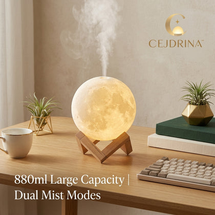 CEJDRINA™ 880ml 3D Moon Lamp Humidifier – Ultrasonic Cool Mist Diffuser & Warm LED Bedside Night Light with Wood Stand