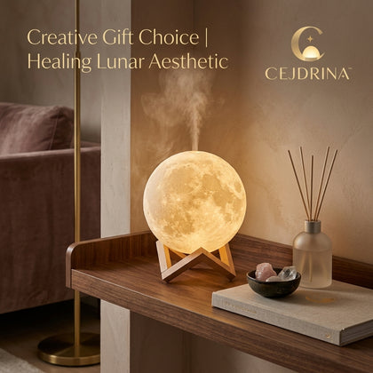 CEJDRINA™ 880ml 3D Moon Lamp Humidifier – Ultrasonic Cool Mist Diffuser & Warm LED Bedside Night Light with Wood Stand