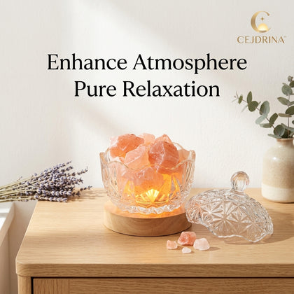 CEJDRINA™ Natural Himalayan Salt Stone Aroma Diffuser – Ambient Crystal Bedside Light with Wood Base & Glass Bowl