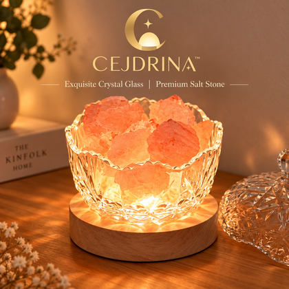 CEJDRINA™ Natural Himalayan Salt Stone Aroma Diffuser – Ambient Crystal Bedside Light with Wood Base & Glass Bowl