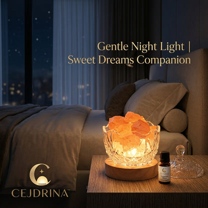 CEJDRINA™ Natural Himalayan Salt Stone Aroma Diffuser – Ambient Crystal Bedside Light with Wood Base & Glass Bowl