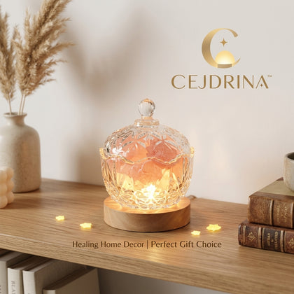 CEJDRINA™ Natural Himalayan Salt Stone Aroma Diffuser – Ambient Crystal Bedside Light with Wood Base & Glass Bowl