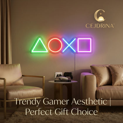 CEJDRINA™ Gaming Controller Symbols LED Neon Sign – Multi-Color USB & Battery Powered Wall Art Night Light for Game Rooms & Bedrooms